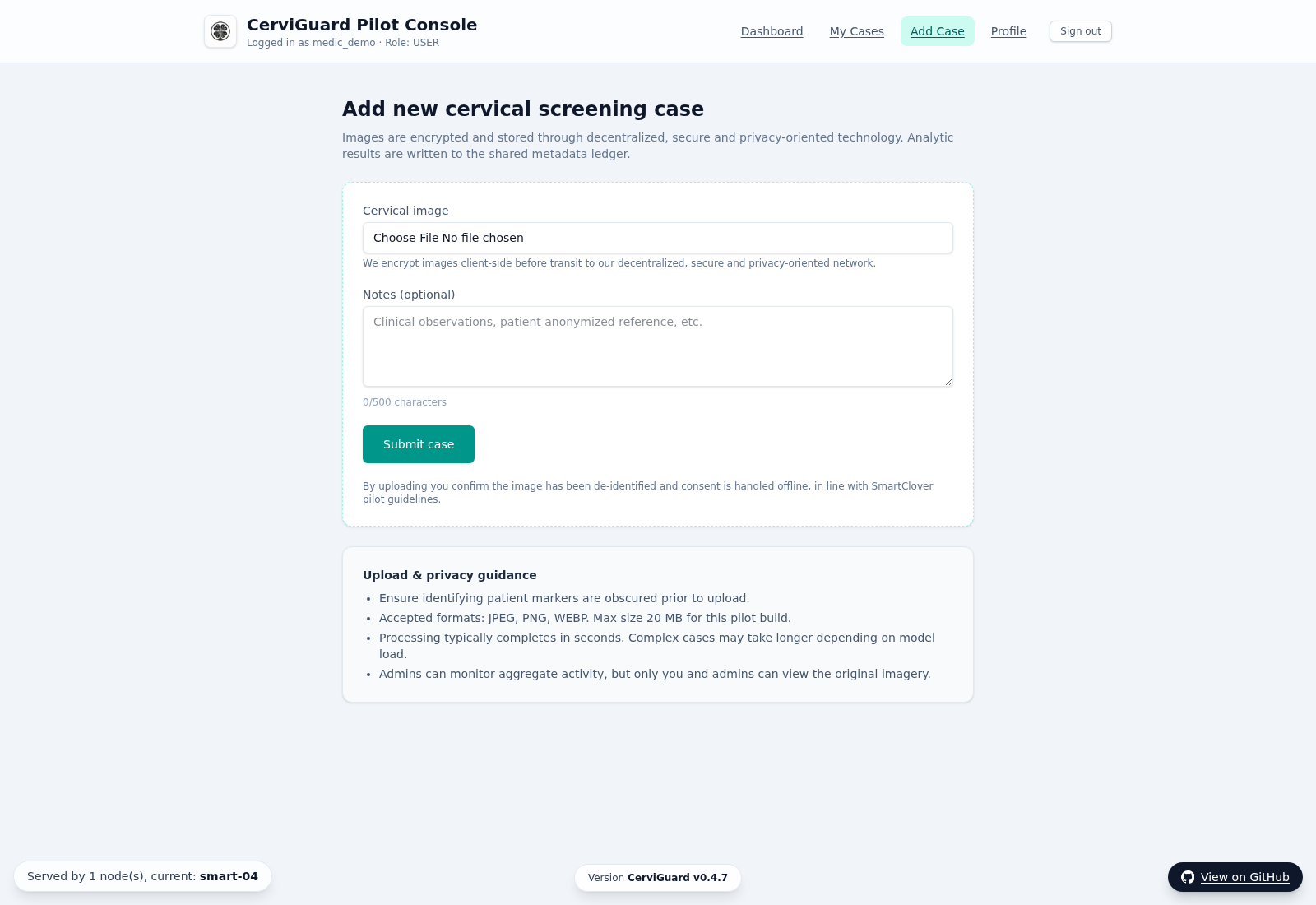 CerviGuard add-case form for image upload and notes