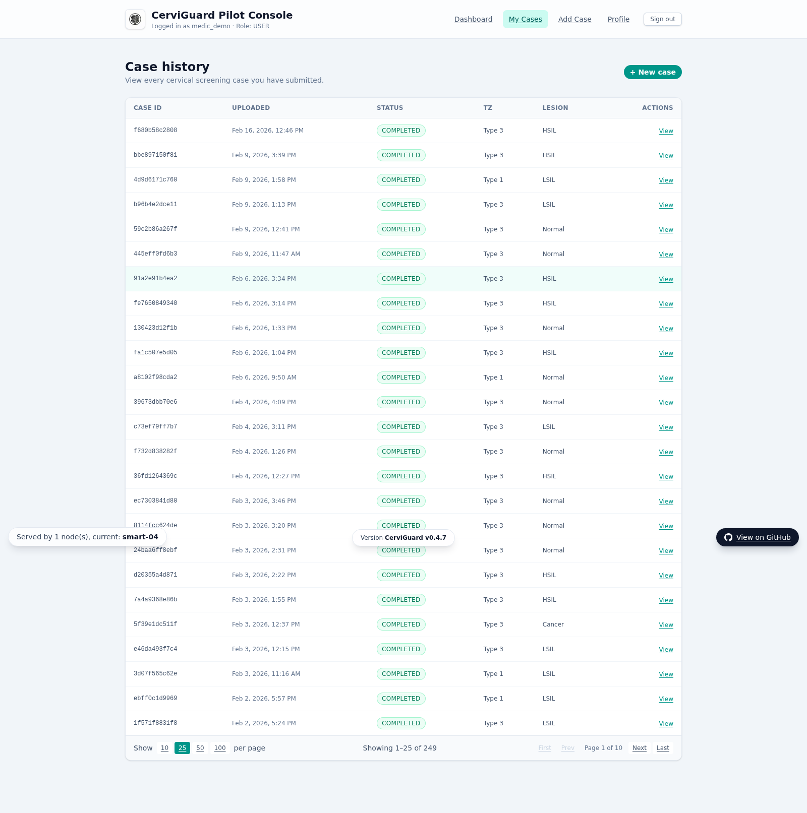 CerviGuard case history table with status and actions