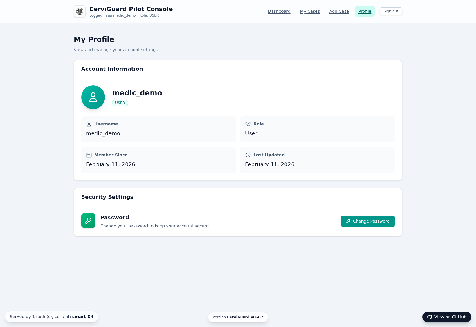 CerviGuard profile page with account and security settings