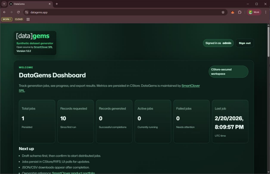 DataGems dashboard with totals for jobs, records, active runs, and failures.