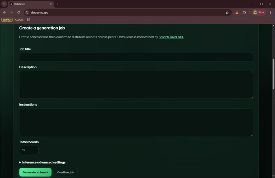 DataGems generation job form with fields for title, description, instructions, and record count.