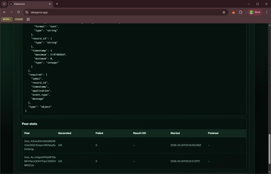 DataGems schema output view and peer statistics table for distributed job execution.