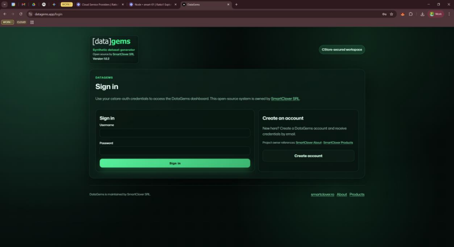 DataGems sign-in and account creation interface.