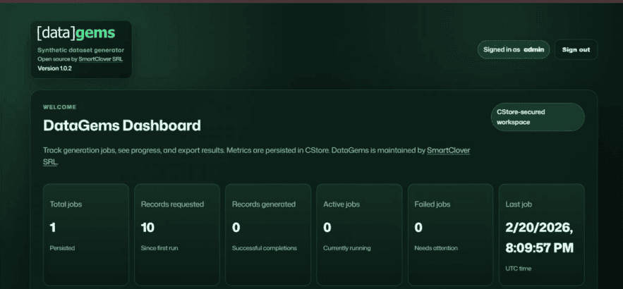 DataGems dashboard with job and record counters, shown with public-safe sample data.