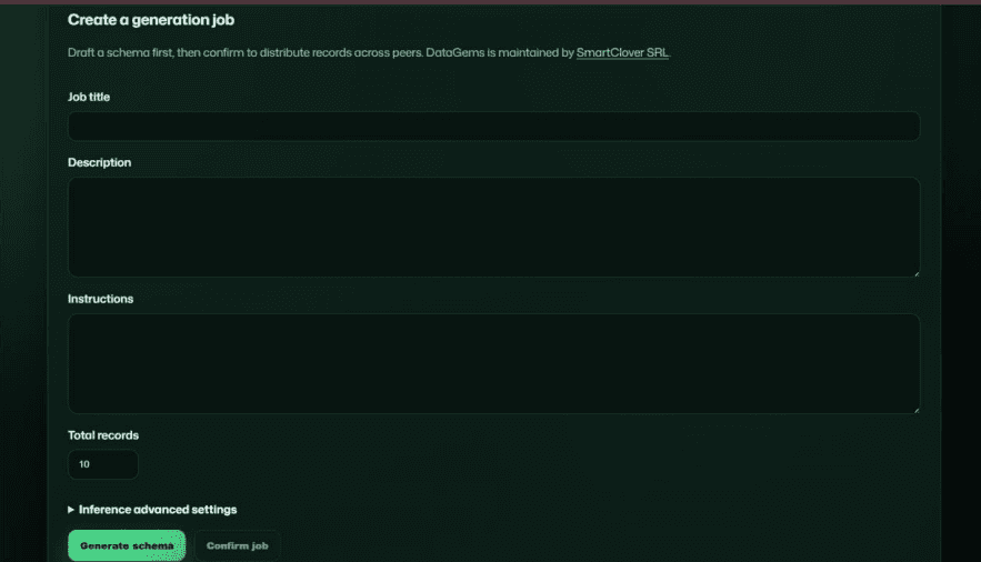 DataGems create-a-generation-job form with schema-first workflow.